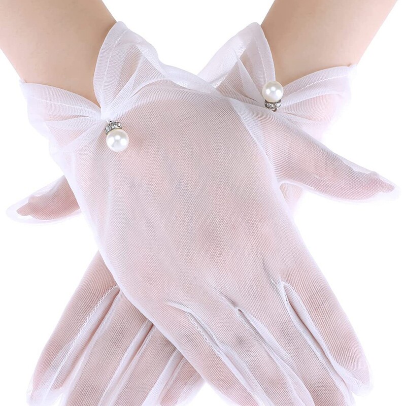 New bridal wedding gauze wedding dress gloves short elegant pearl evening wear one bead photo gloves