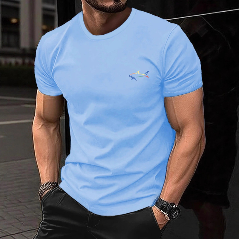 Men's Summer Cotton Fashion Casual Loose Sports Trend Shark Pattern 2D Printed Round Neck Short Sleeve T-Shirt Top