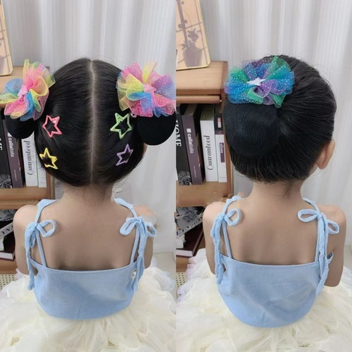 Children's high-looking flower hairdo artifact girls' hairpins gradient colorful mesh star balls hair net hair accessories
