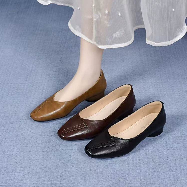 Однотуфли с круглой головой и неглубоким ртом 2025 весна и лето новая круглая толстая профессиональная обувь на низком каблуке