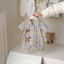 婴儿夏款衣服男宝宝轻薄格子衬衫爬服连体衣新生儿卡通超萌包屁衣