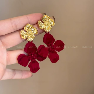 安可拉红金色花朵丝绒耳针女覆古港风小众高级感轻奢气质耳环耳饰