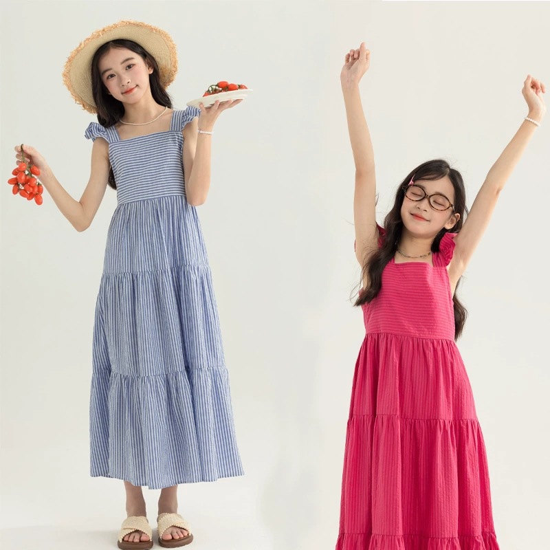 Girls' Striped Dress Summer New Children's Stylish Princess Dress for Older Children Vacation Strap Cake Long Dress