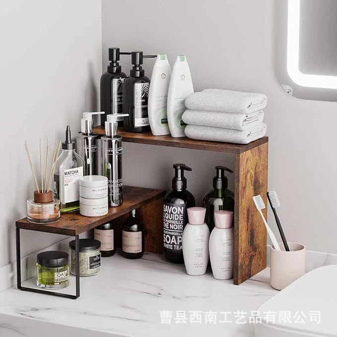 Cross-Border Kitchen Countertop Storage Rack, Stackable Counter Spice Bottle Organizer, Cabinet Iron-Wood Desktop Storage Rack