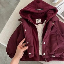 儿童宝宝夹棉外套冬男童纯色连帽冲锋衣儿童加厚棉服女童洋气棉服