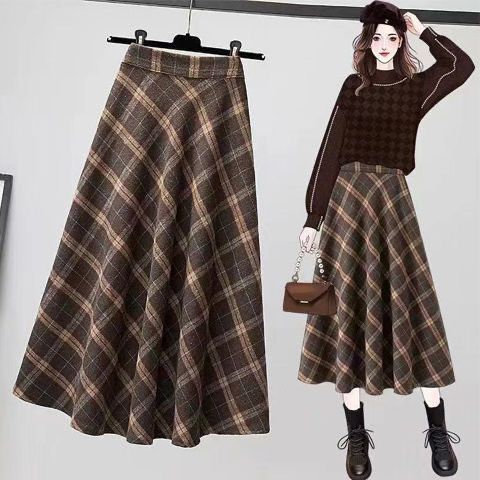 Spring and Autumn Plaid Skirt Women's American Style Retro New Arrival plus size Mid-Length Large Swing Skirt High Waist Slimming Long Skirt Trendy