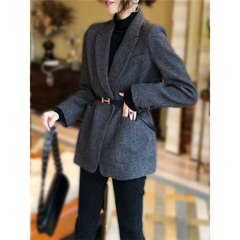 主慕赫本风大衣女2025春秋新款韩版宽松显瘦中长款格纹西装呢外套