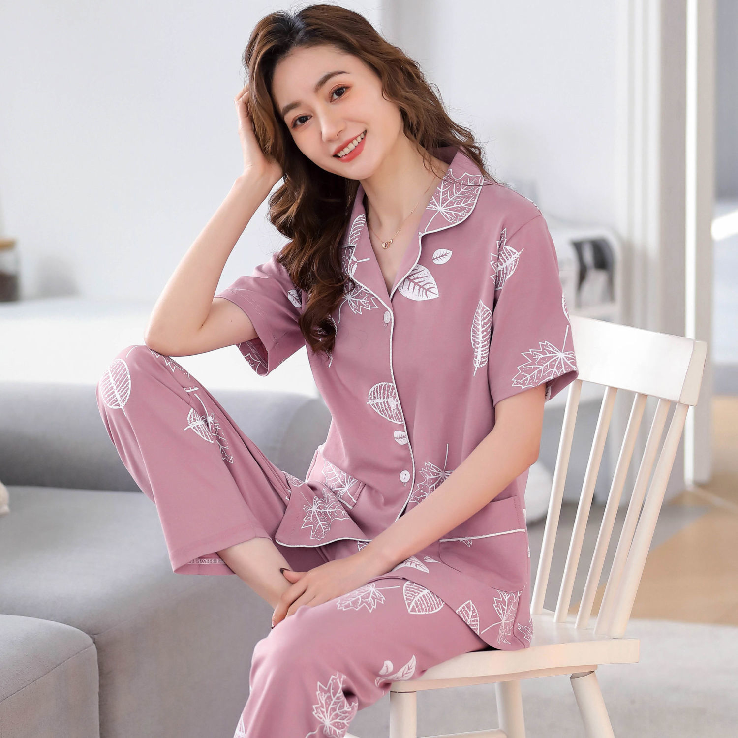 Pijama de algodón de verano pantalones de manga corta para mujer cardigan de talla grande traje de desgaste exterior de mujer madre de mediana edad casa delgada