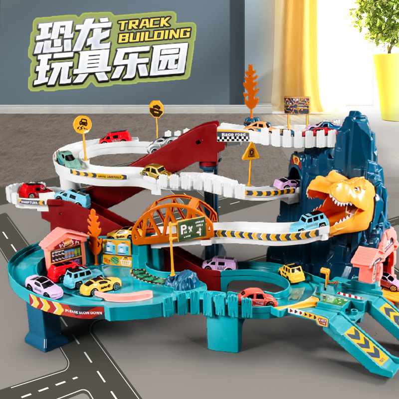 Children's Car Adventure Dinosaur Winding Mountain Road Multi-Layer Car Building 2-in-1 Cross-Border Rail Car Toy