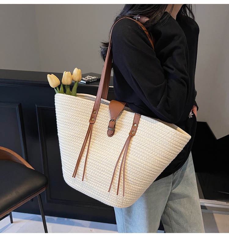1125g Weight Weave Fashion Element Lock clasp Closure Type Double Shoulder Straps Strap Type Straw Bag Bags Type Casual Occasion cotton rope Material Solid Color Pattern Spring&Summer Season Women's Gender Beach Style Bucket Shape Large Size Women's Large Cotton Rope Solid Color Beach Weave Bucket Lock Clasp Straw Bag 11