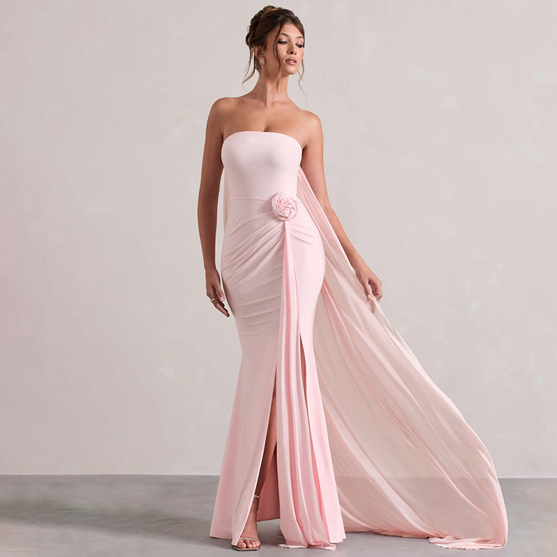 2025 transfronterizo Europa y Estados Unidos otoño temperamento flor de pecho sin mangas un vestido de hombro bifurcado vestido largo para mujeres image 1