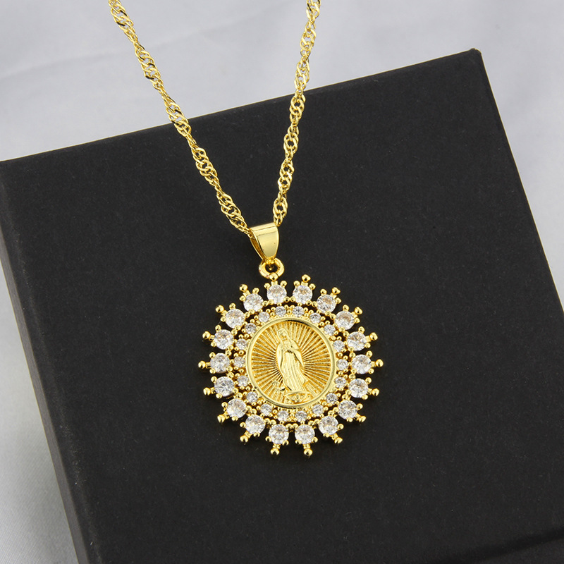 European and American Virgin Mary inlaid zirconium round copper necklace