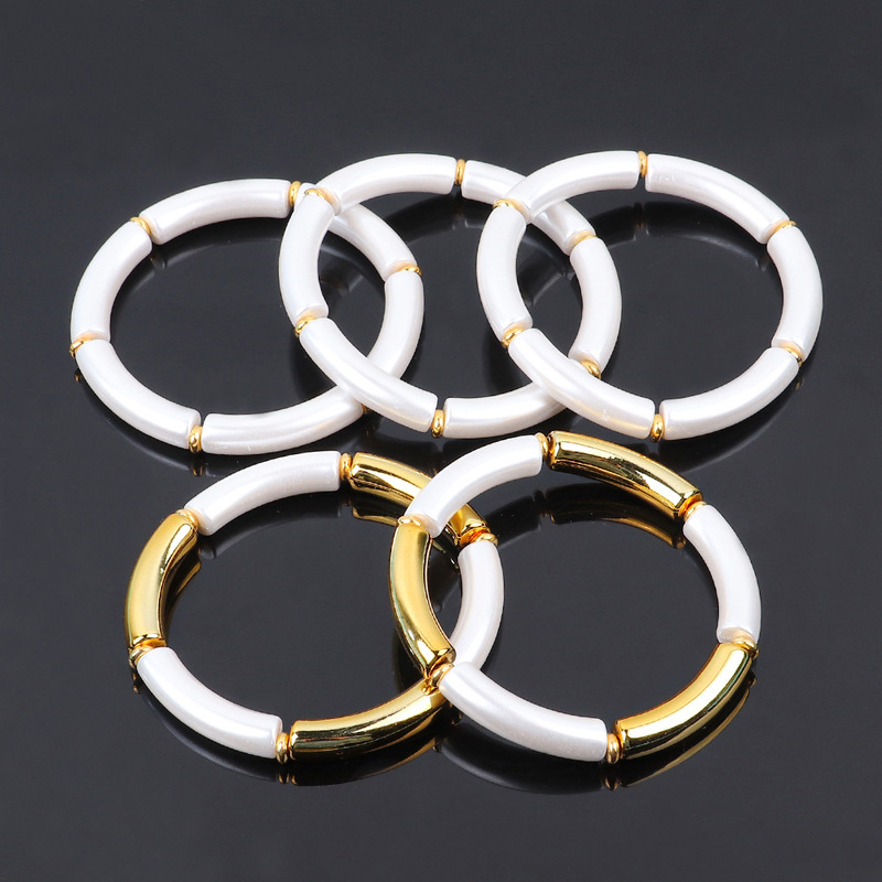 European and American Fashion Personality Retro Bracelet Acrylic Curved Tube Gold and White Cuff Bead Women's High-End Bracelet European and American Fashion Personality Retro Bracelet Acrylic Curved Tube Gold and White Cuff Bead Women's High-End Bracelet