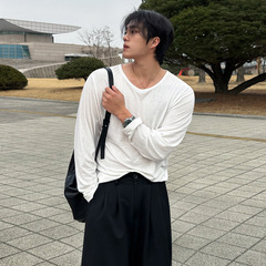 MYQ简约风纯色长袖T恤男士秋季宽松休闲打底衫韩系通勤圆领上衣
