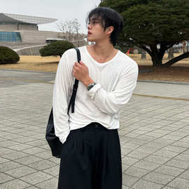 MYQ简约风纯色长袖T恤男士秋季宽松休闲打底衫韩系通勤圆领上衣