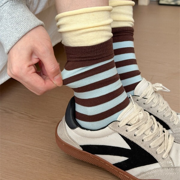 Niche Dopamine Striped Double-layer Socks Stacked with Contrast Color Calf Stacked Socks All-match Fashionable Socks Colorful Colorblock Cotton Socks