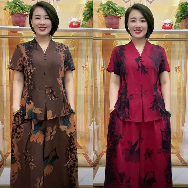 Летний новый костюм из двух частей для мам среднего возраста больших размеров, Модный повседневный тяжелый топ с широкими штанинами, модный костюм