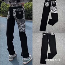 DG杜嘉24ss秋冬新款男士修身牛仔裤小脚印花长裤直筒拼接帅气批发