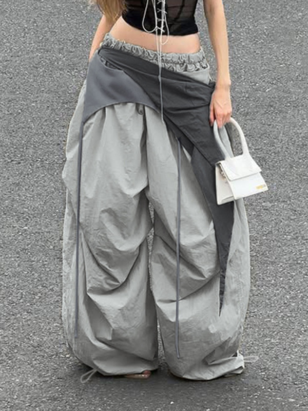 街头西海岸个性设计感多层拼接不规则撞色休闲裤宽松工装裤长裤潮|undefined