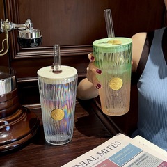 カップルグラデーション色少女コップ高颜値ストローコーヒーカップ真珠ミルクティーオフィス耐熱グラスプレゼント