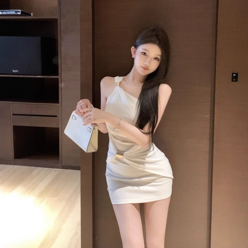 Sexy Spice Girl Style Slant Shoulder Single Shoulder Sling dress Women's Summer New Slim-fit Slimming High-end Hip Skirt