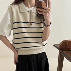 学院风半拉链条纹翻领针织马甲女2025年秋冬叠穿软糯显瘦毛衣背心