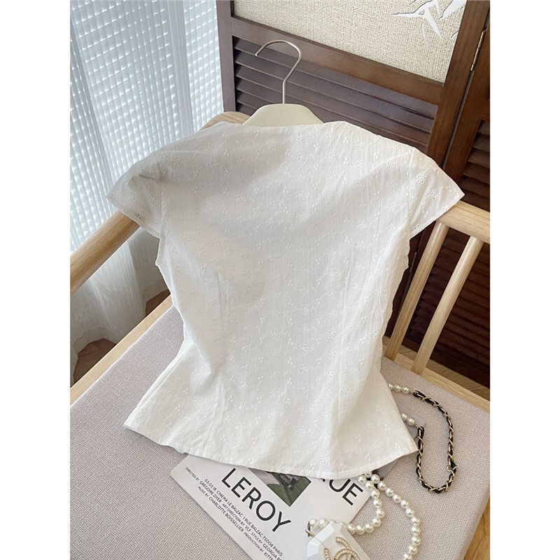 双层/原版绣花布+内里蕾丝花边短袖衬衫女夏甜美蝴蝶结系带上衣|undefined