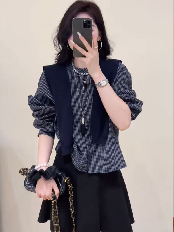 韩系高级感披肩格子衬衫女2025秋季新款宽松显瘦小个子百搭上衣潮|undefined