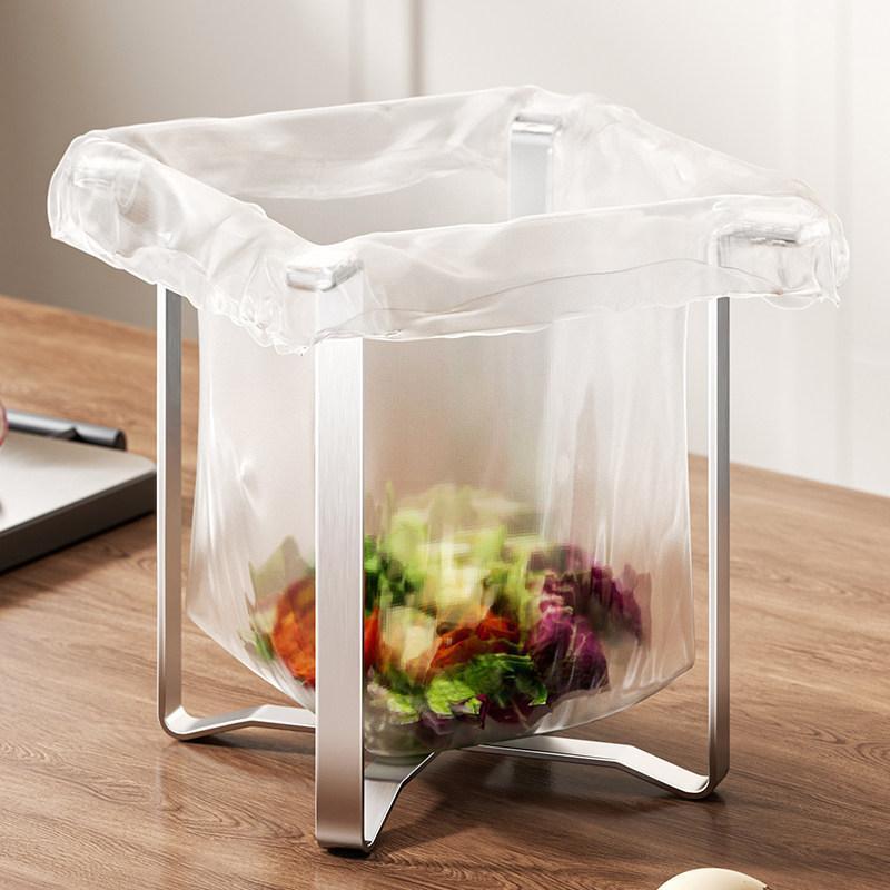 Stainless steel foldable trash bag support rack for kitchen countertops and desktops, multifunctional storage and drainage bin Stainless steel foldable trash bag support rack for kitchen countertops and desktops, multifunctional storage and drainage bin