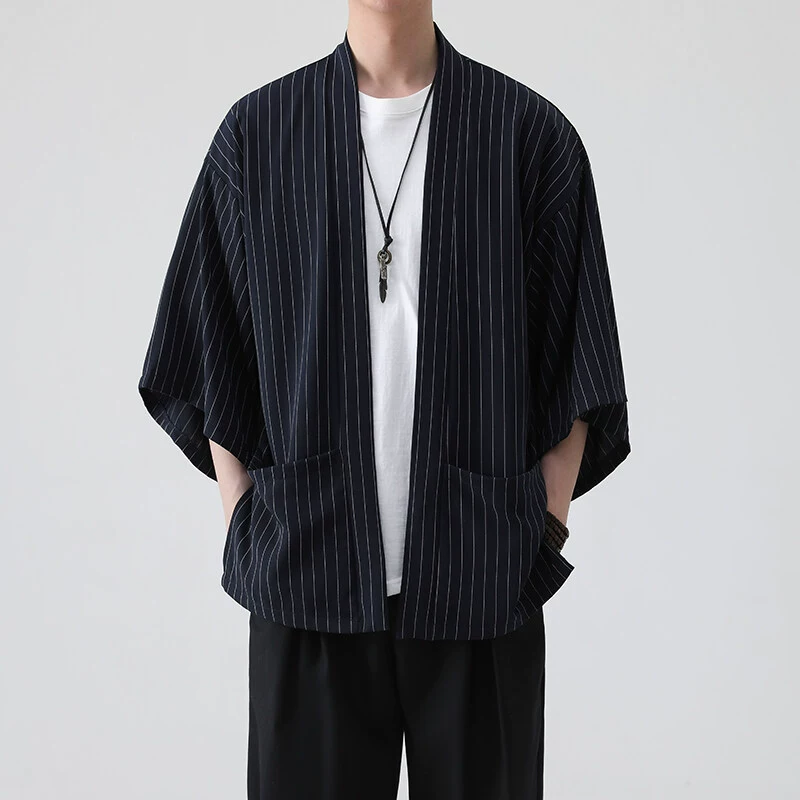 Летний мужской кардиган 2025 года в новом китайском стиле, модный свободный японский стиль, из ледяного шелка, с защитой от солнца, полосатый тренч.