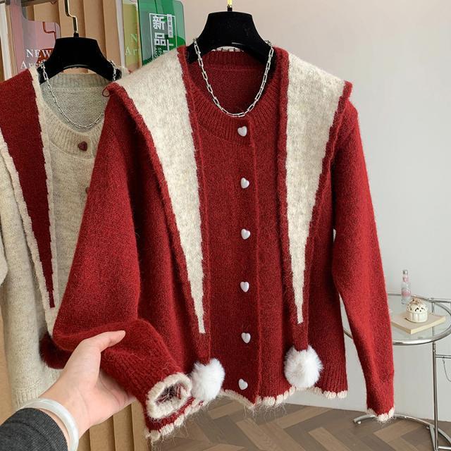 Christmas Outfit: Furry Ball Vest Knitwear for Women, Autumn and Winter Niche Design Shawl Sweater Top Two-Piece Set