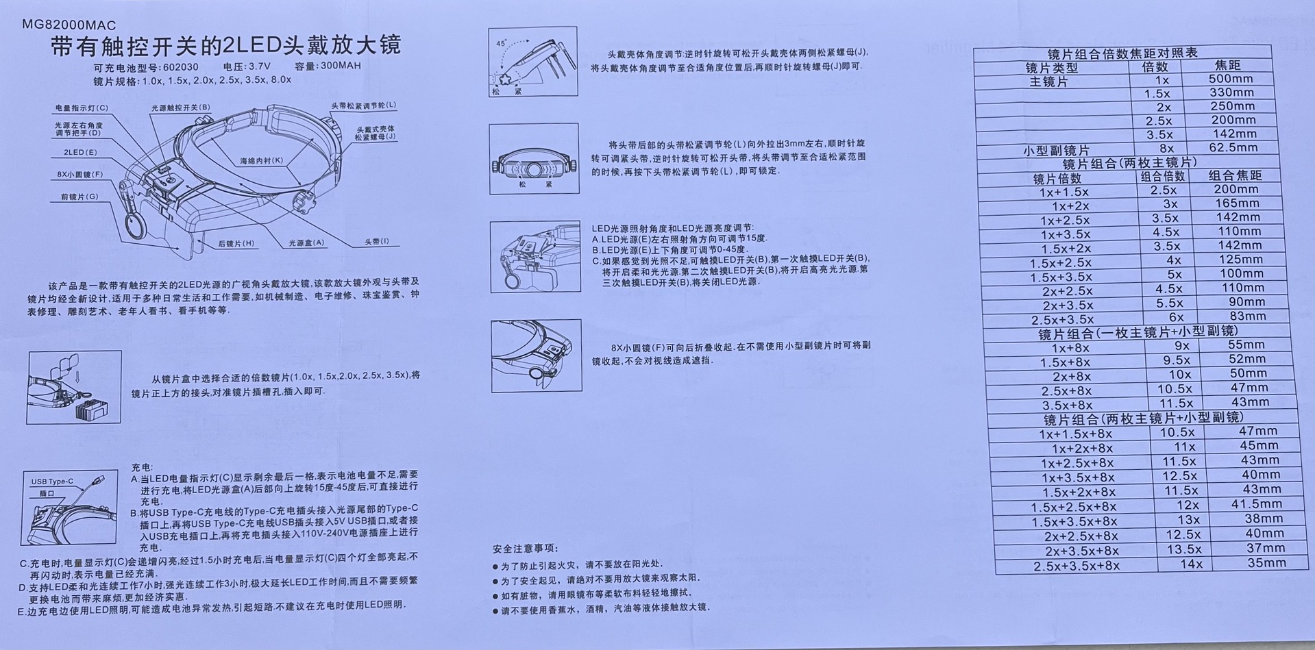 新款MG82000MAC头戴式放大镜5组倍数2LED灯触摸式USB充电款放大镜详情11