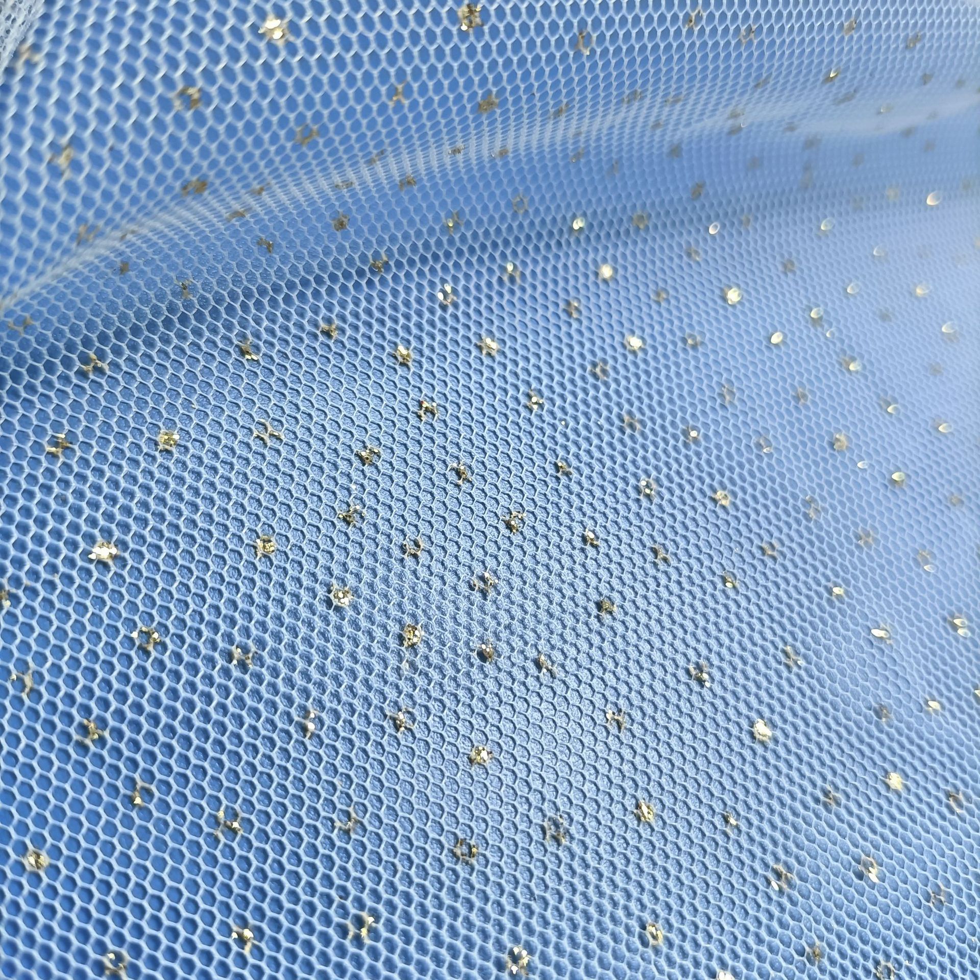36A底布烫金烫银小碎点网纱 闪光布料亮片面料六角网眼布料批发