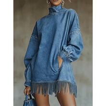 F 72763 High Neck Loose Pocket Fringe Long Sleeve Suede