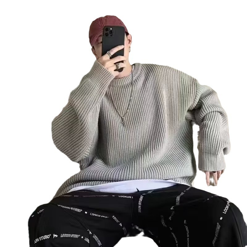 Men's demi-season solid color casual retro trend knitted sweater…