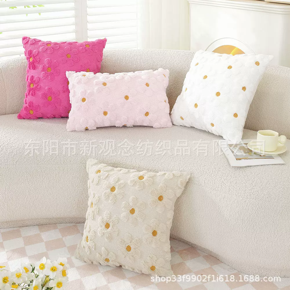 小花朵毛绒抱枕套毛巾绣腰靠床头靠垫套客厅沙发枕套抱枕美式风格