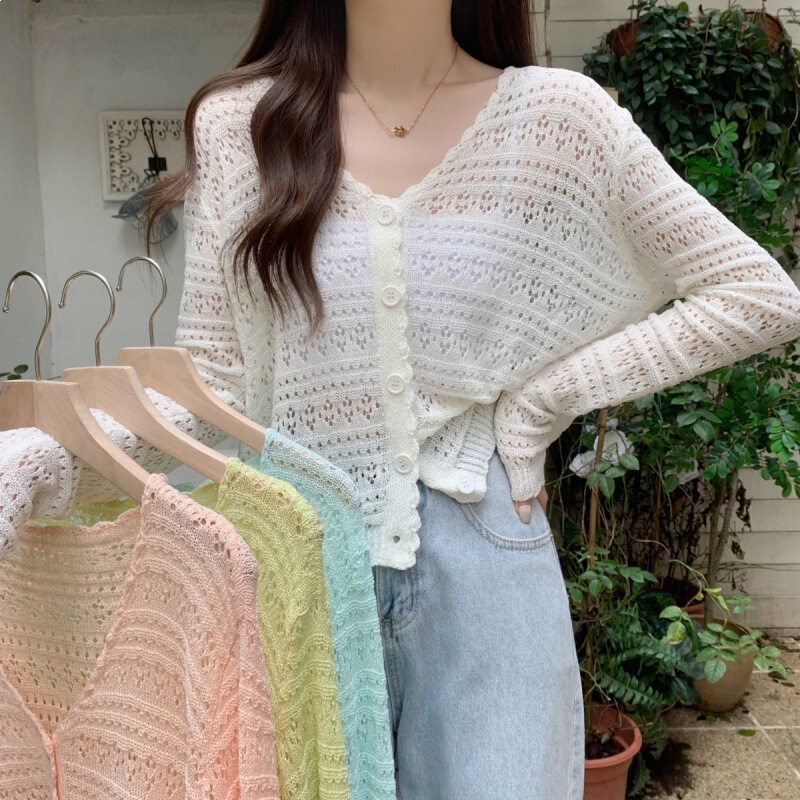 Cross-Border Hollow-Out Knitted Short Jacket for Women, Spring and Autumn Long-Sleeve Shawl, Sun Protection Shirt, Air Conditioning Shirt, Thin Cardigan