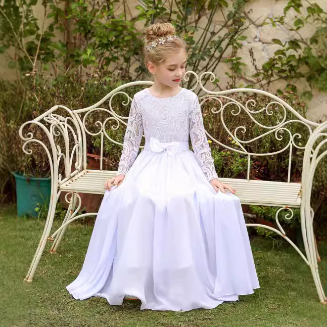 Nuevo vestido de novia para niños de comercio exterior transfronterizo europeo y americano de manga larga de encaje, cuello redondo, cola, vestido de cumpleaños para niña