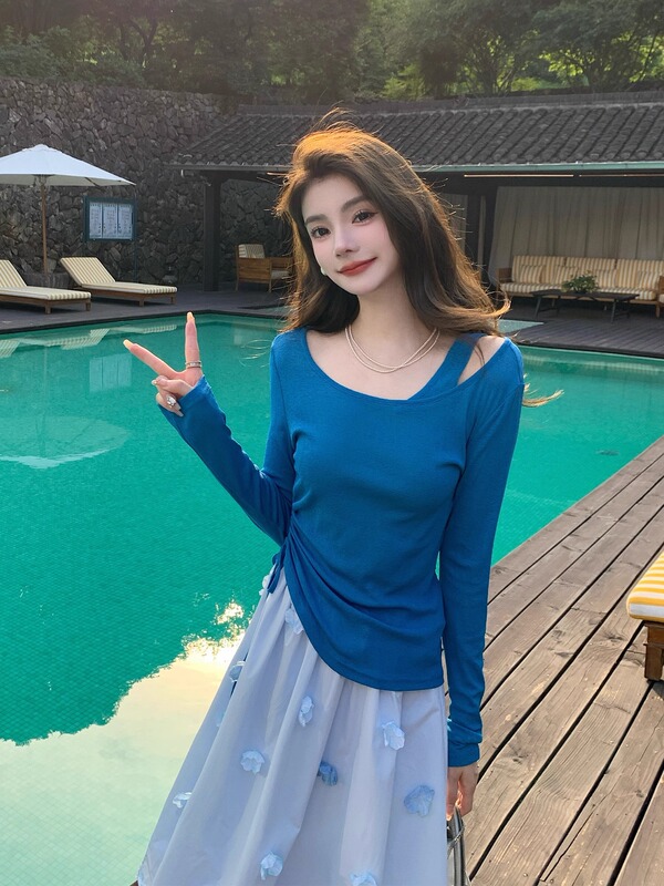 フェイクツーピースオフショルダーアイクラインブルー長袖Tシャツレディース夏薄い日焼け止めブラウス巾着ウエスト痩身トップ|undefined