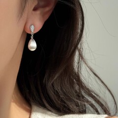 S925纯银中古拉丝水滴珍珠耳钉女小众设计高级感镶锆耳坠复古气质