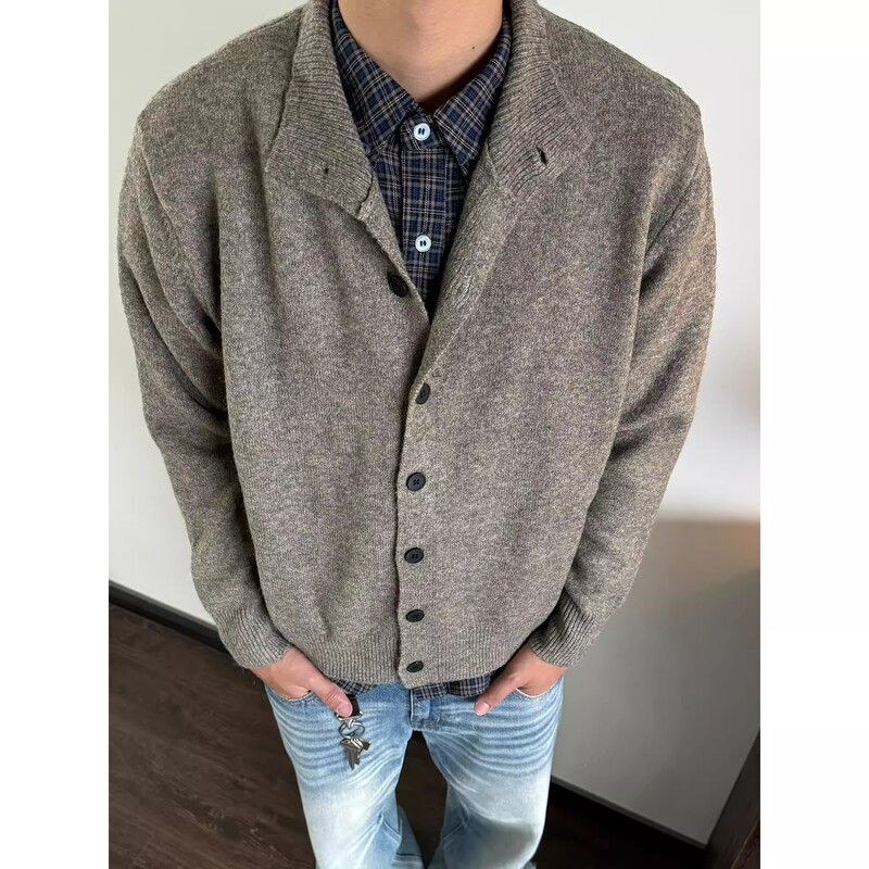 美式复古半高领针织开衫毛衣男款秋冬季新款潮牌宽松百搭休闲外套|undefined