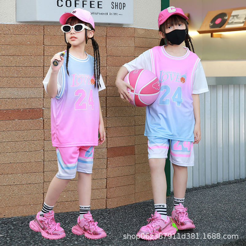 New Basketball Suit Girls' Summer Quick-drying Loose Training Jersey Fake Two-piece Short-sleeved Sportswear for Primary School Students