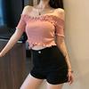 One line neck knitted short sleeve new slim air leakage clavicle top off shoulder T-shirt