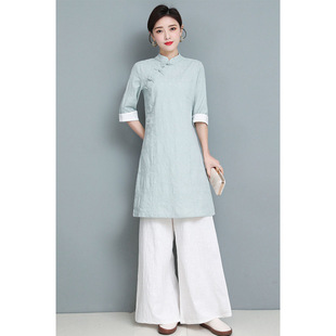 Chinese Style Women's Retro Jacquard Cotton and Linen Tea Clothes Spring and Summer Hanfu Improved Cheongsam Tops Hospital Work Clothes for Women