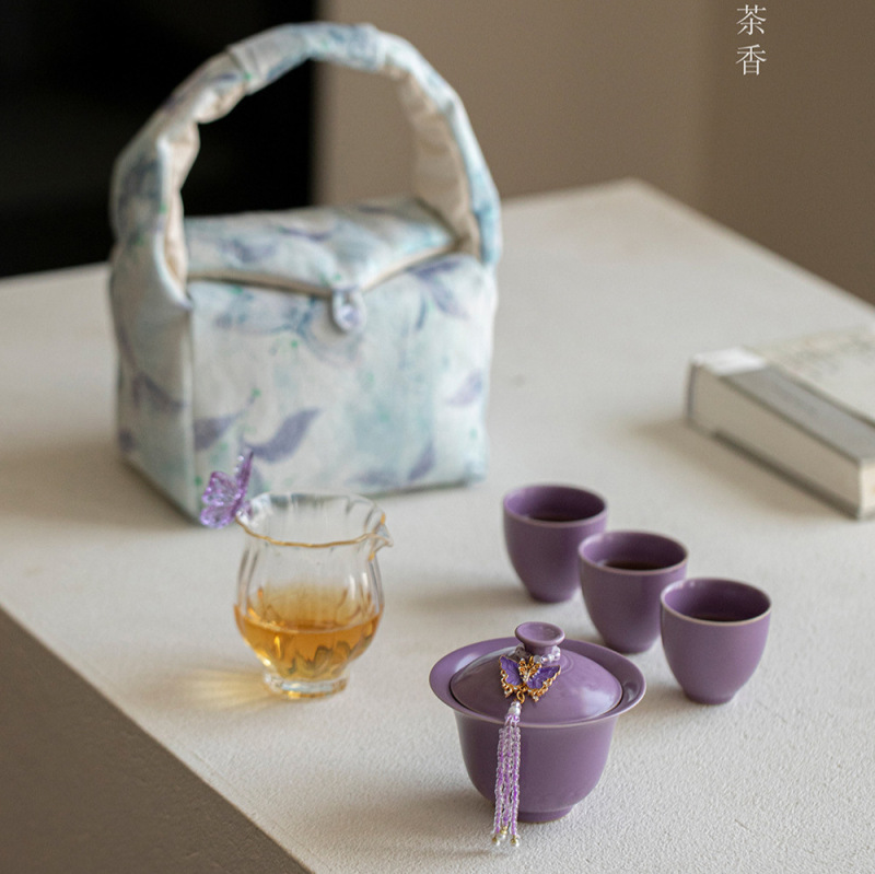 汀兰幽梦紫色陶瓷盖碗茶杯整套旅行茶具套装户外便携茶事包套组|undefined