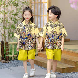 儿童表演服演出服2026夏汉服短袖花开报喜女童中大童唐装男童套装