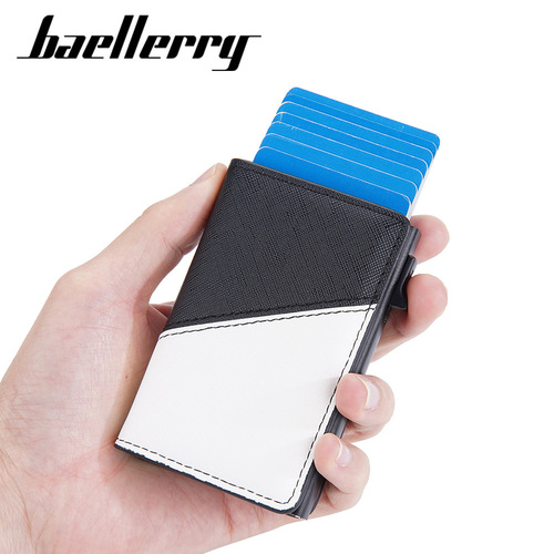 baellerry men's leather contrast color side push antimagnetic anti-theft card holder rfid short automatic ejection card holder