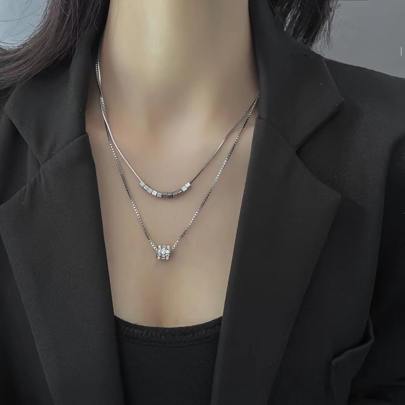 Double-layer Stacked Flash Diamond Necklace Women's Small Man Waist Silver Collarbone Chain Fashion All-match Light Luxury High-end Jewelry Accessories
