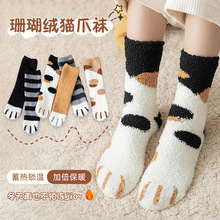 秋冬季珊瑚绒袜子女睡眠中筒袜可爱猫爪袜加厚保暖甜美地板袜批发