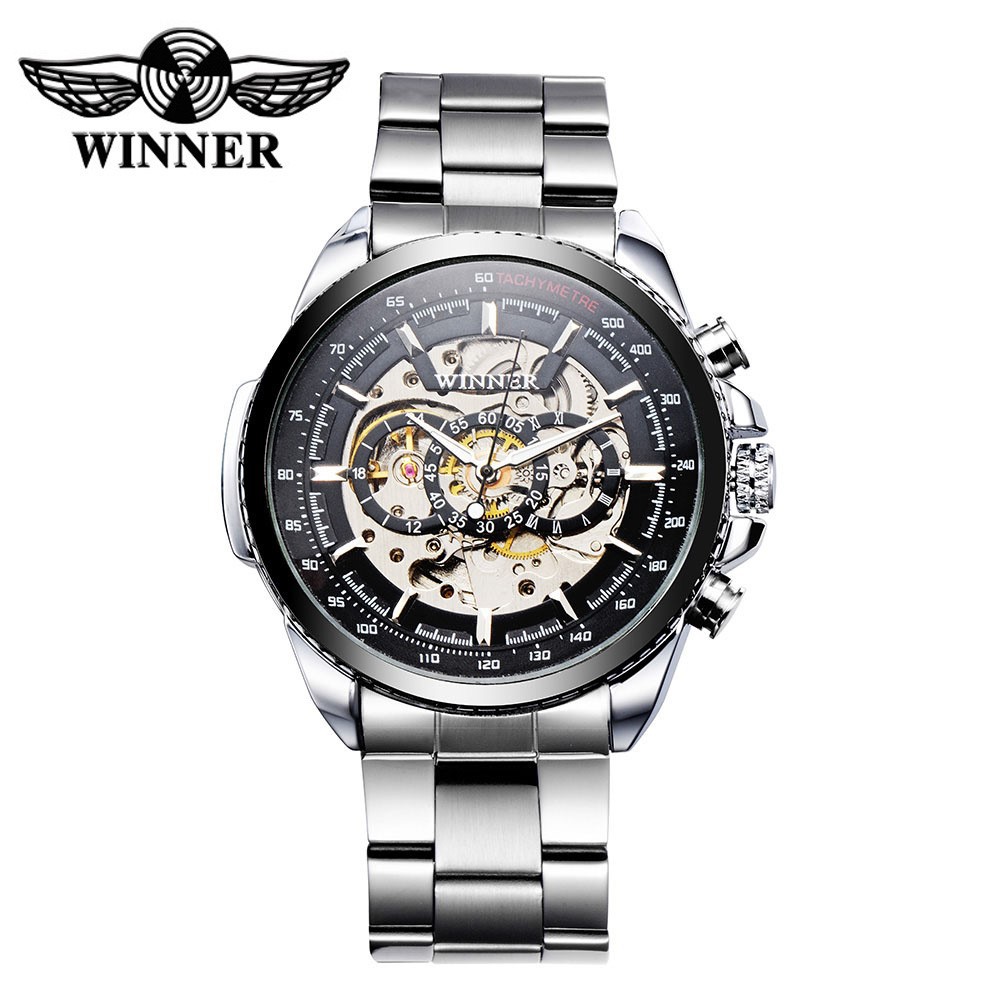 Ganador hombres de moda casual reloj hueco movimiento mecánico gran dial reloj de oro reloj mecánico automático 428